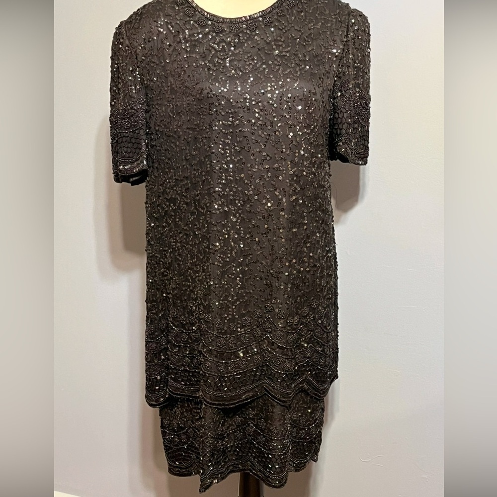 1980S LAURENCE KAZAR BLACK SILK
SEQUIN DRESS size Large